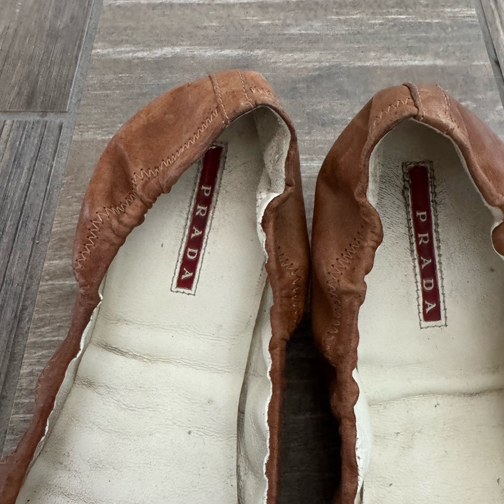 Prada Leather And Canvas Scrunch Bow Ballet Flats Size 38 - Picture 5 of 11